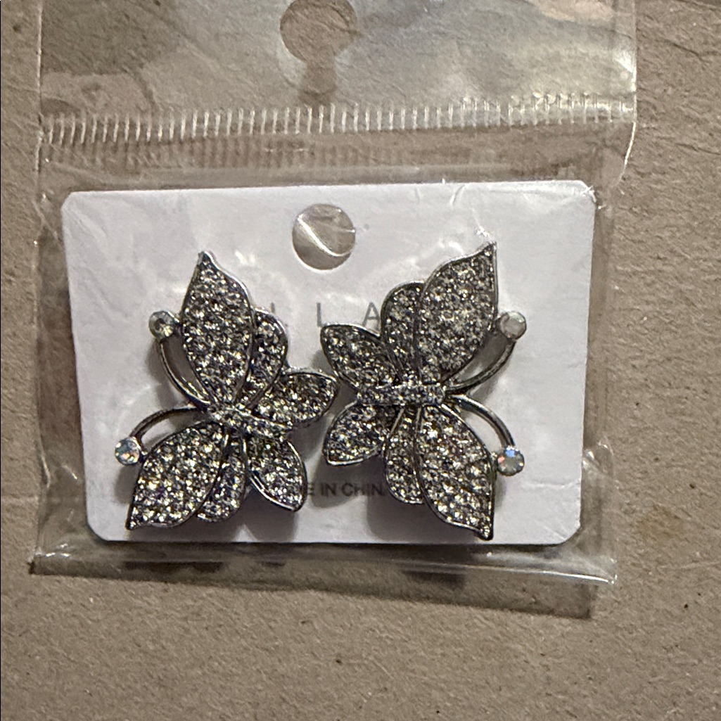 Sparkling Butterfly Crystal Pierced Earrings - Silver Tone